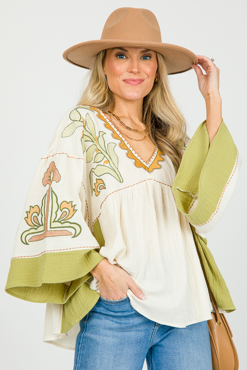 Embroidery Gauze Top Natural Sage New Arrivals The Blue Door Boutique