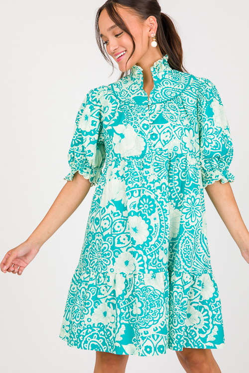 Floral Mix Button Dress Teal New Arrivals The Blue Door Boutique