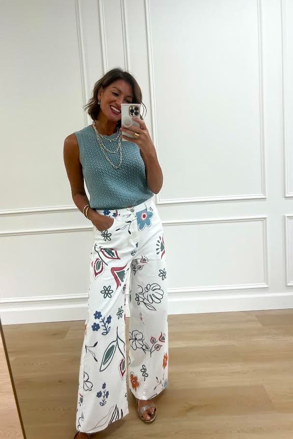 Flower Print Twill Pants, White - 0.jpg