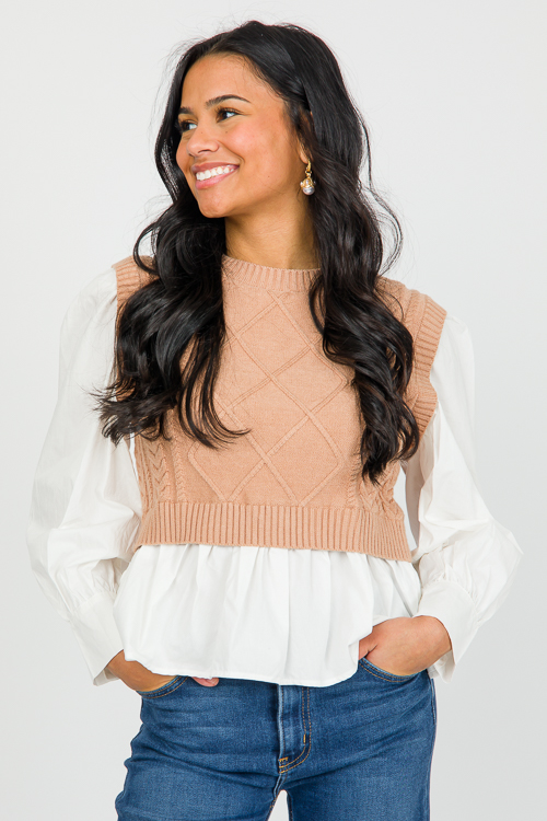 Layered Cable Sweater, Taupe