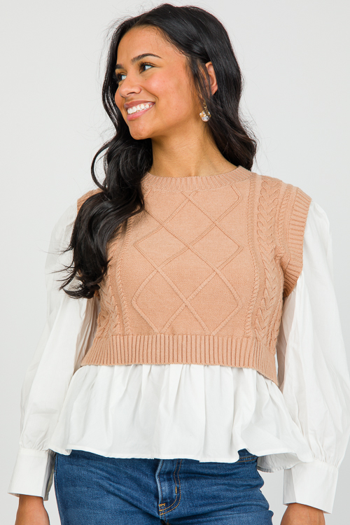 Layered Cable Sweater, Taupe