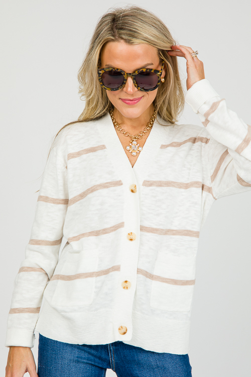 Stripe Button Cardigan, Taupe