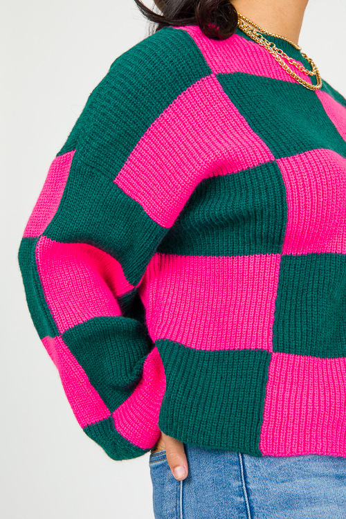 Checkered Sweater, H. Green/Hot Pink