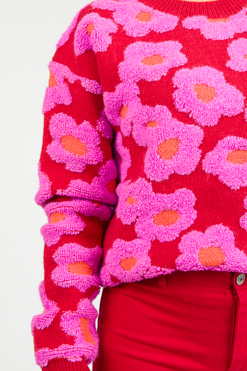 Puff Floral Sweater, Red