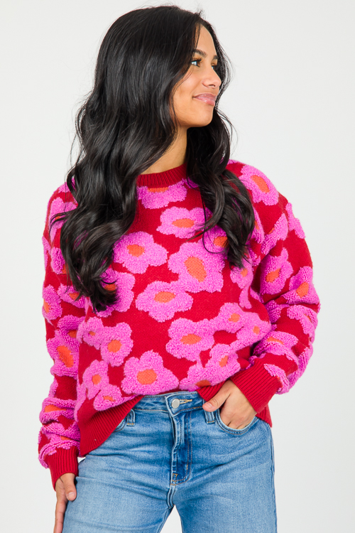 Puff Floral Sweater, Red