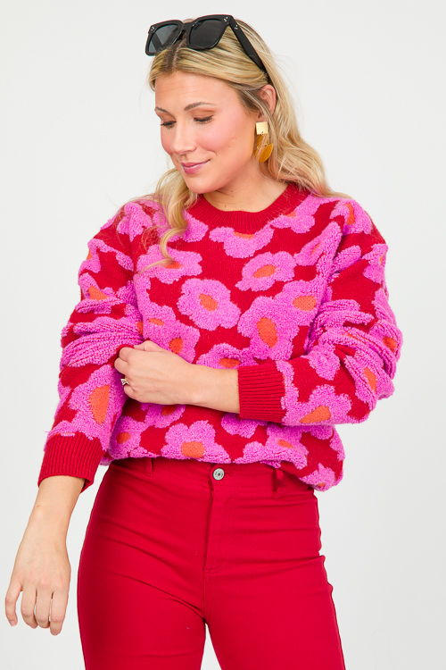 Puff Floral Sweater, Red
