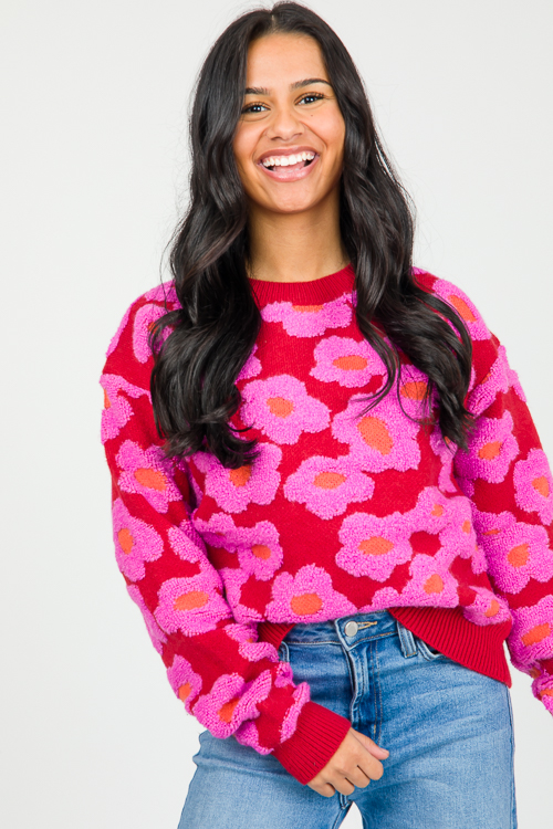 Puff Floral Sweater, Red