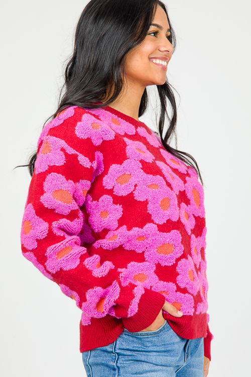 Puff Floral Sweater, Red