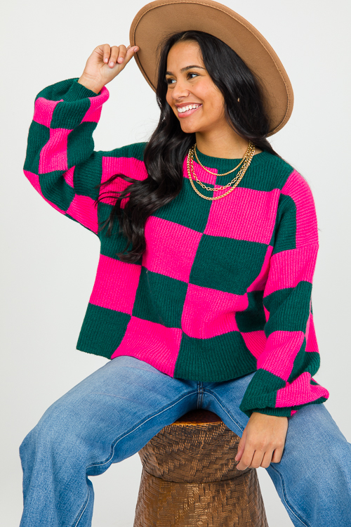 Checkered Sweater, H. Green/Hot Pink