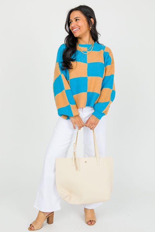 Checkered Sweater, Teal/Taupe
