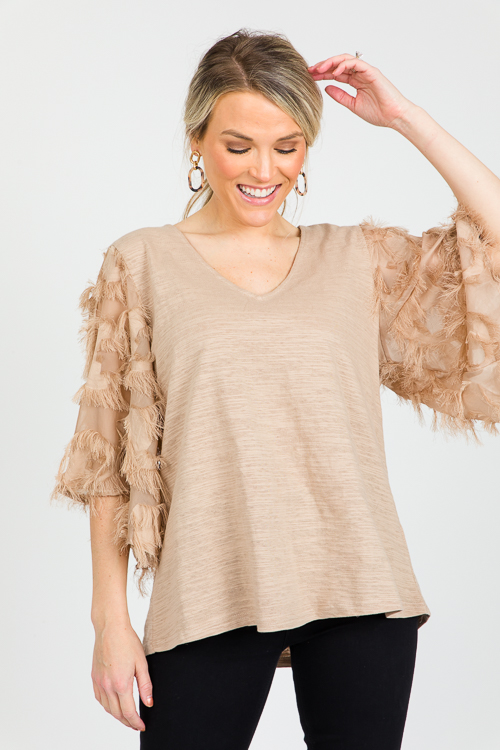Eyelash Sleeves Knit Top, Taupe