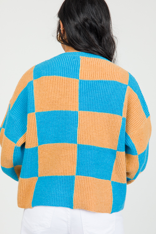 Checkered Sweater, Teal/Taupe