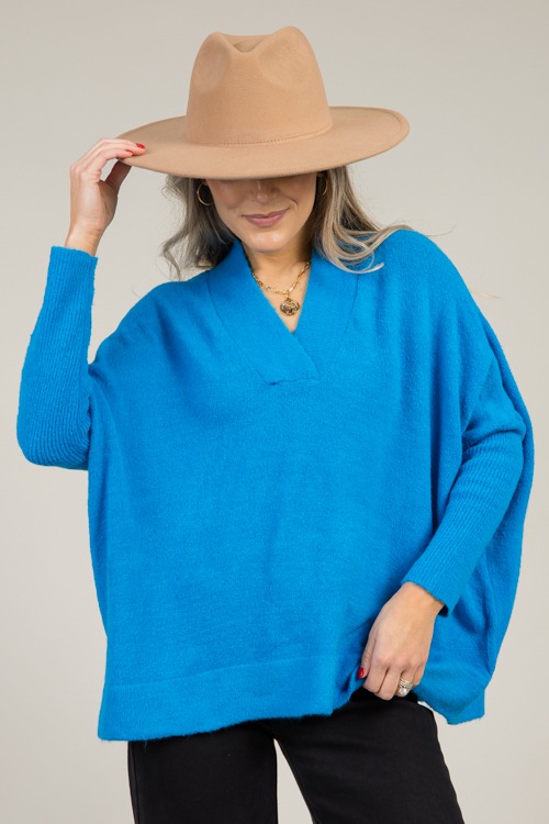 V-Neck Pullover Sweater, Teal Blue