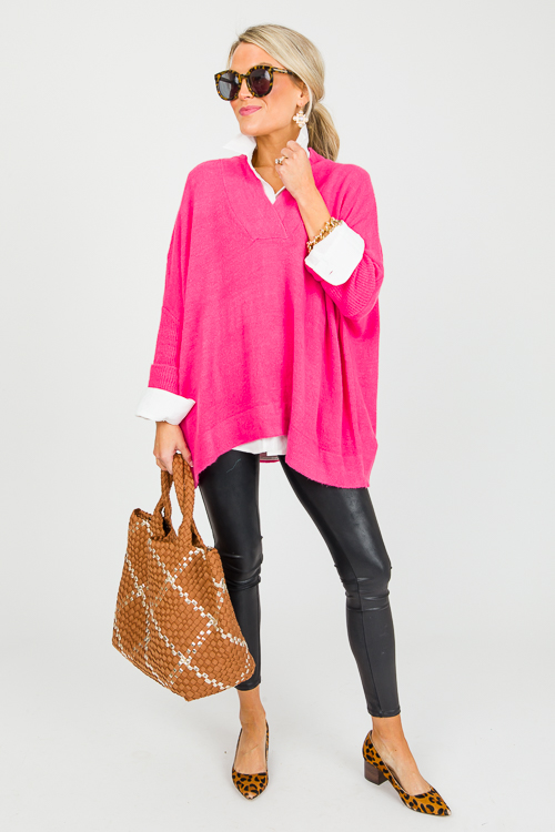 V-Neck Pullover Sweater, Candy Pink