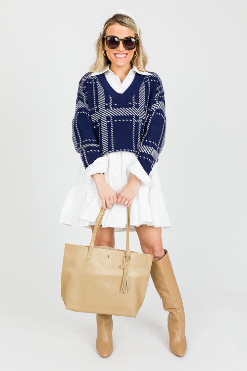 V-Neck Plaid Sweater, Navy