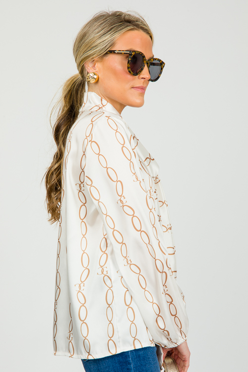 Satin Chain Tie Blouse, White