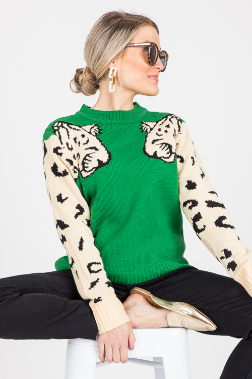 Snow Leopard Sweater, Green - SALE - The Blue Door Boutique