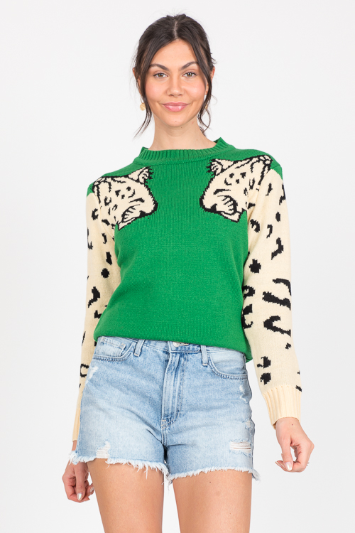 Snow Leopard Sweater, Green - SALE - The Blue Door Boutique