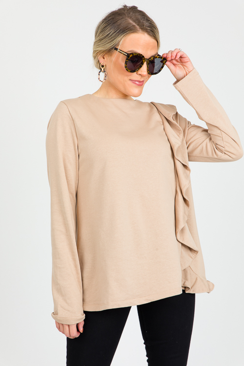 Ruffle Side Top, Khaki - SALE - The Blue Door Boutique