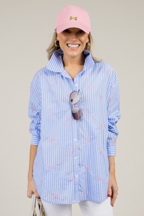 Bow Embroidery Stripe Shirt, Blue