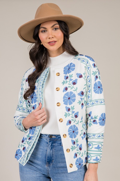 Belted Floral Button Jacket, Blue