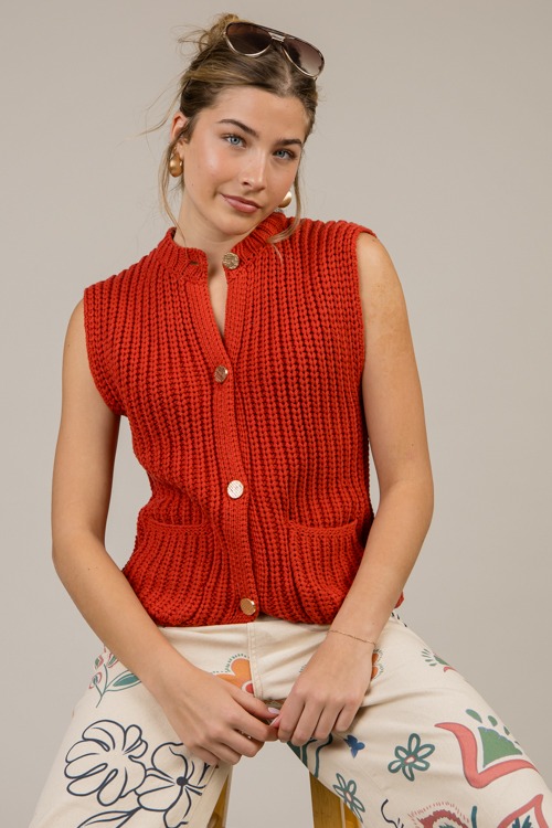 Button Sweater Vest, Red Orange