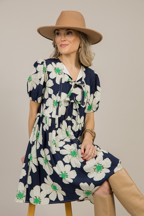 Floral Triple Bow Dress, Navy