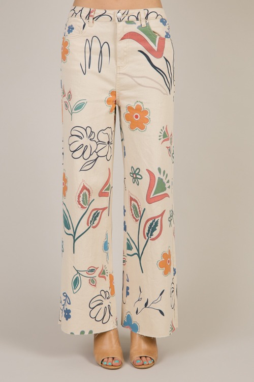 Flower Print Twill Pants, Natural - 0108-6p.jpg