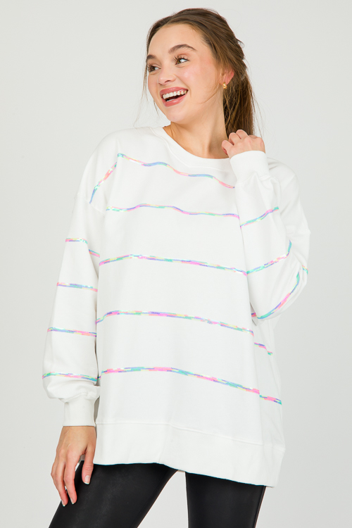 Sequin Stripe Sweatshirt, White