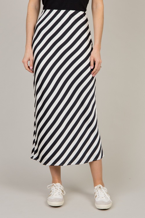 Satin Stripe Maxi Skirt, Black White