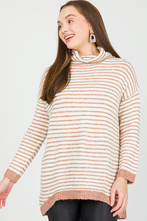 Dip Hem Stripe Sweater, Rust/Cream