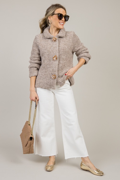 Flower Button Sweater Jacket, Taupe