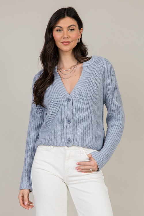 V-Neck Button Sweater, Grey Blue