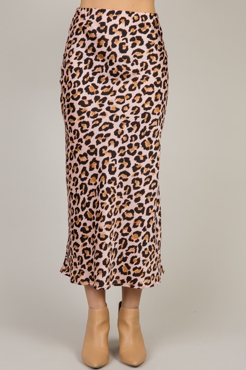 Satin Leopard Maxi Skirt, Pink