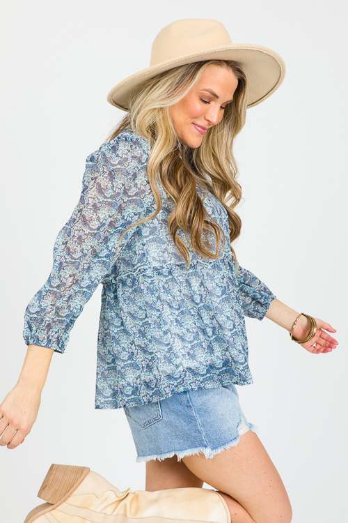 Smock Yoke Printed Blouse, Blue