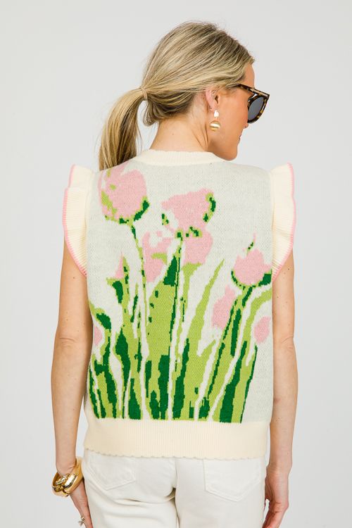 Floral Sleeveless Sweater, Cream