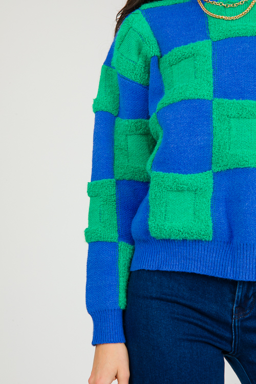 Textured Checks Sweater, Blue Green