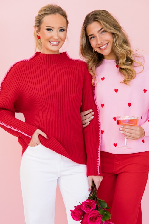 Pink Trim Ribbed Sweater, Red