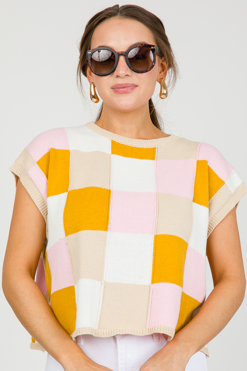 Sleeveless Check Sweater, Taupe/Rose