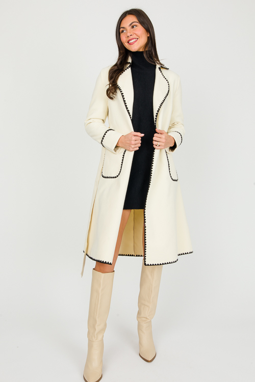 Contrast Trim Belted Coat, Off White