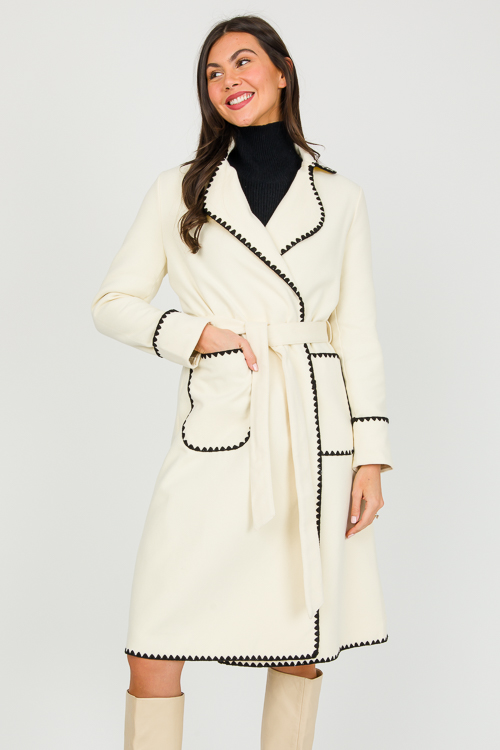 Contrast Trim Belted Coat, Off White