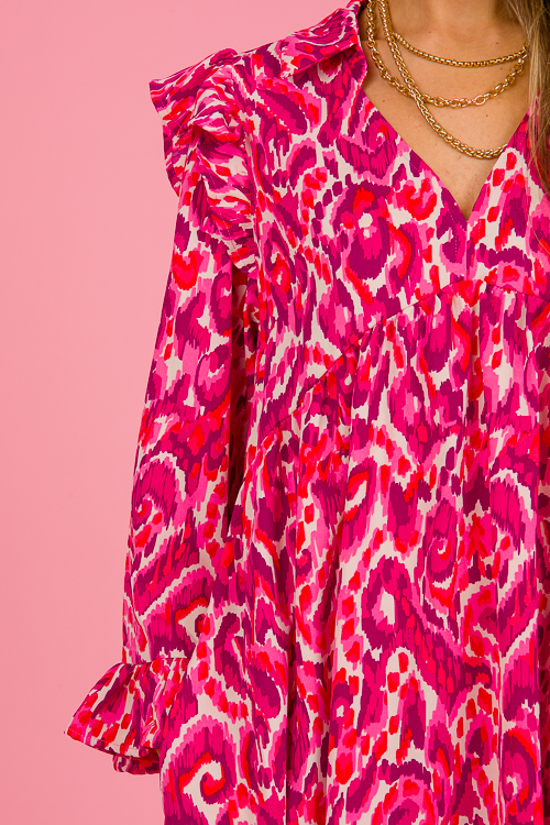 Ruffle Detail Print Dress, Magenta