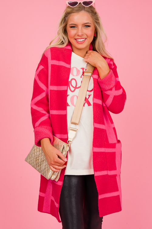 Bold Check Cardigan, Pink Red