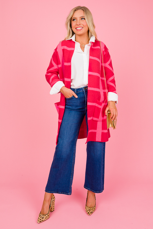 Bold Check Cardigan, Pink Red