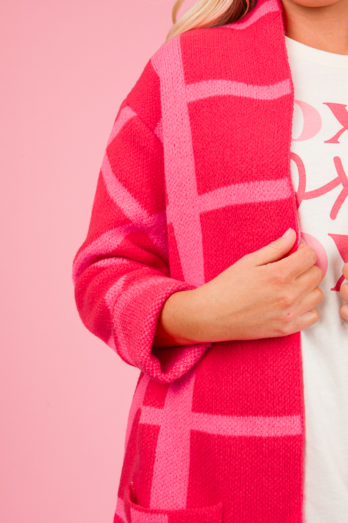 Bold Check Cardigan, Pink Red