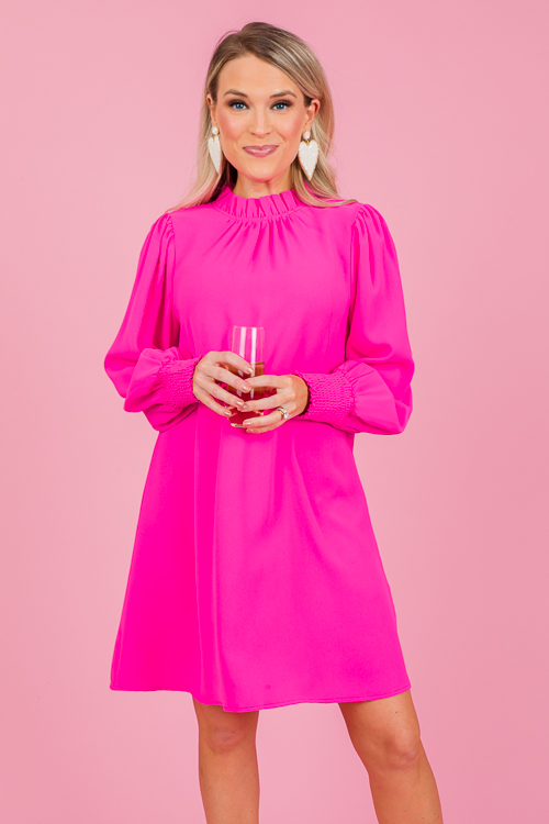 Ruffle Neck LS Dress, Hot Pink