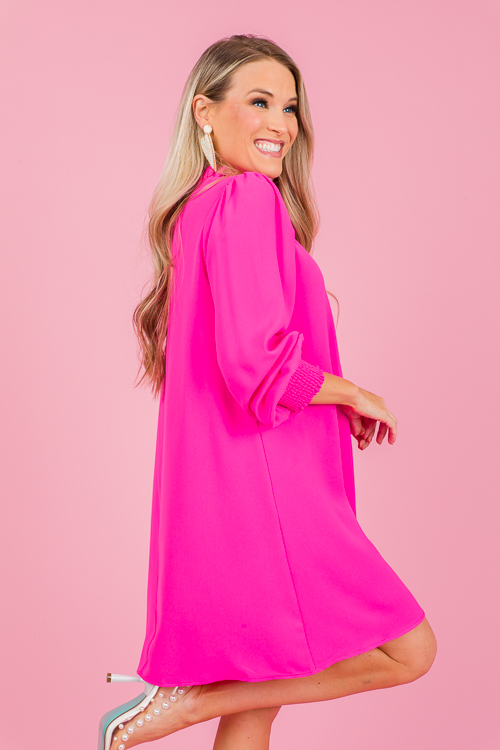 Ruffle Neck LS Dress, Hot Pink