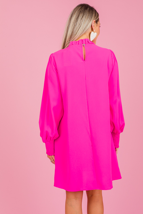 Ruffle Neck LS Dress, Hot Pink