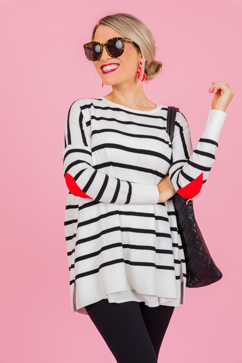 Stripe Heart Elbow Sweater, White