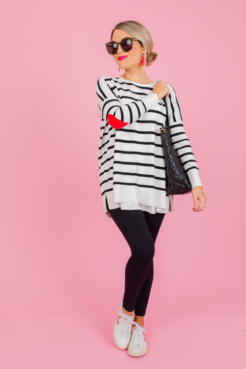 Stripe Heart Elbow Sweater, White